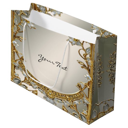 Sac Cadeau Floral Blanc Orné Doré (Devant Angle)