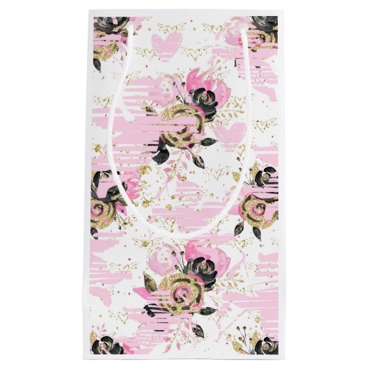 Sac cadeau floral rose, noir et or (Devant)