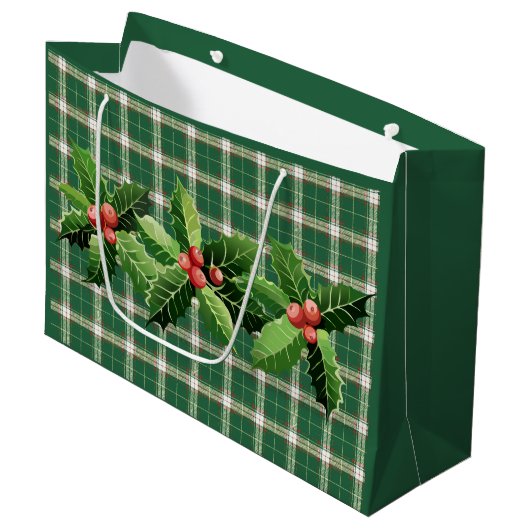 Sac cadeau grand plaid vert et blanc de Noël (Devant Angle)