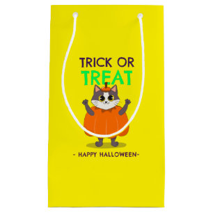 Sac cadeau Halloween, chat en citrouille avec jaun