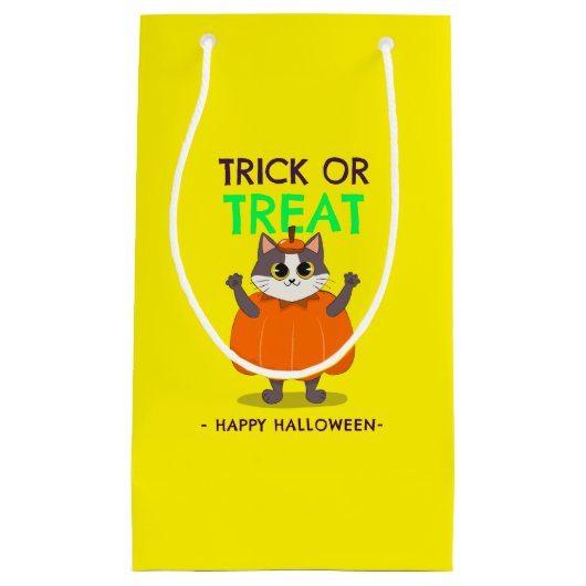 Sac cadeau Halloween, chat en citrouille avec jaun (Devant)
