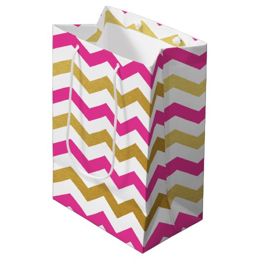 Sac cadeau Motif rose et or Chevron (Devant Angle)
