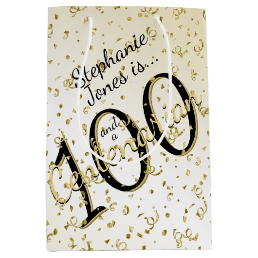 Sac Cadeau Moyen 100 ans Centenaire Anniversaire Noir/Or Texte (Devant)