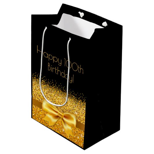 Sac Cadeau Moyen 100e anniversaire noir or arc scintillant (Devant Angle)