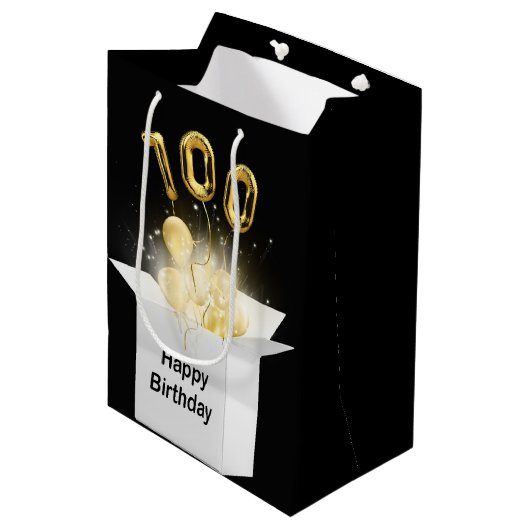 Sac Cadeau Moyen 100e Ballons d'anniversaire en or en boîte blanche (Devant Angle)