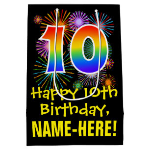 Sac Cadeau Moyen 10e anniversaire : Fun Motif Fireworks + Rainbow 1