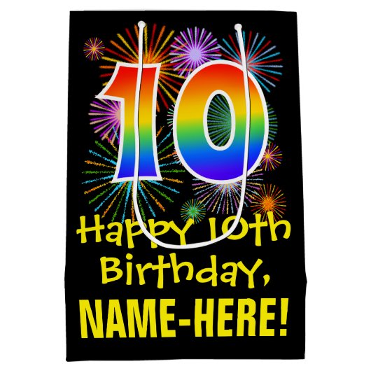 Sac Cadeau Moyen 10e anniversaire : Fun Motif Fireworks + Rainbow 1 (Dos)