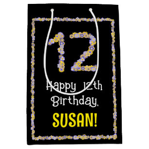 Sac Cadeau Moyen 12e anniversaire : Floral Flowers Numéro, Nom pers
