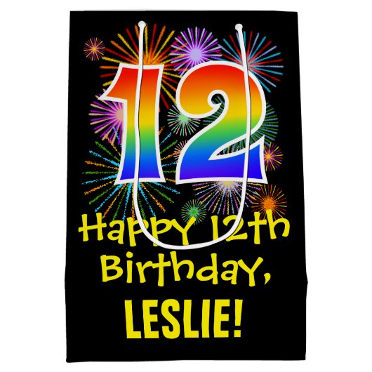 Sac Cadeau Moyen 12ème anniversaire : Fun Motif feux d'artifice + A (Dos)