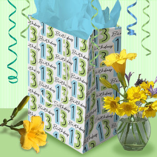 Sac Cadeau Moyen 13e anniversaire chiffres bleu vert