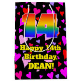 Sac Cadeau Moyen 14e anniversaire : Amour Hearts Motif, Arc-en-ciel (Devant)