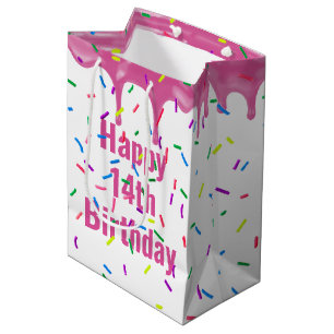 Sac Cadeau Moyen 14e Anniversaire Saupoudré Sur Glacé Rose