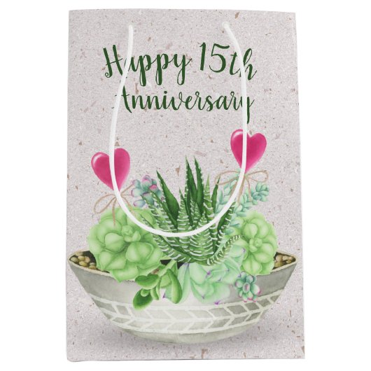 Sac Cadeau Moyen 15e anniversaire Coeurs roses dans les succulents (Devant)