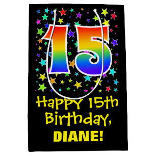 Sac Cadeau Moyen 15e anniversaire : Etoiles colorées Motif et arc-e