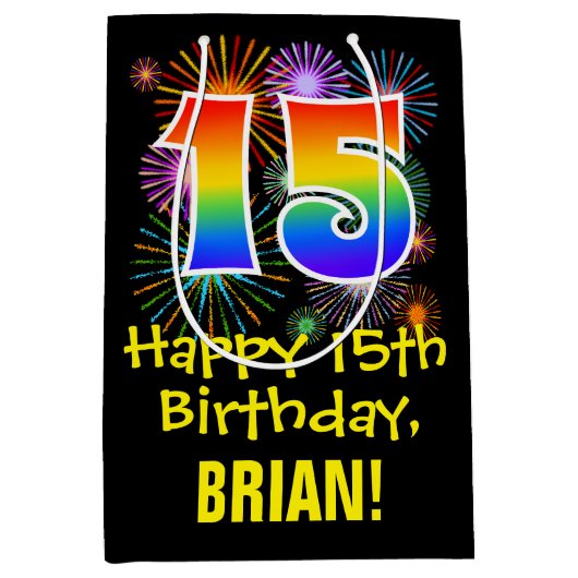 Sac Cadeau Moyen 15e anniversaire : Fun Motif feux d'artifice + Arc (Devant)