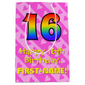 Sac Cadeau Moyen 16e anniversaire : Amusants Coeurs roses Stripes; (Devant)