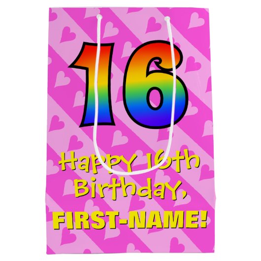 Sac Cadeau Moyen 16e anniversaire : Amusants Coeurs roses Stripes; (Dos)