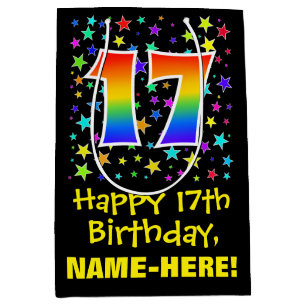 Sac Cadeau Moyen 17e anniversaire : Colorful Stars Motif & Rainbow 