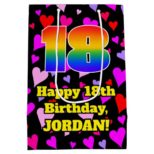 Sac Cadeau Moyen 18e anniversaire : Amour Hearts Motif, Arc-en-ciel (Dos)