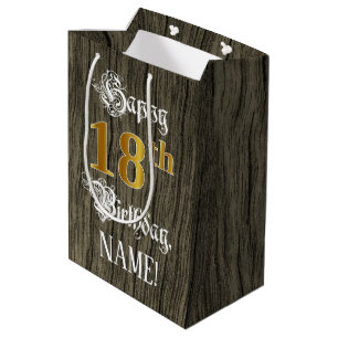 Sac Cadeau Moyen 18e anniversaire : Faux Gold Look & Faux Wood Moti