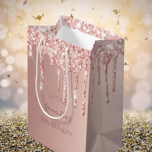 Sac Cadeau Moyen 18e anniversaire rose gouttes d'or