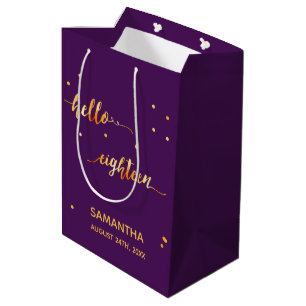 Sac Cadeau Moyen 18e anniversaire violet or bonjour 18 nom du scrip