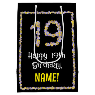 Sac Cadeau Moyen 19e anniversaire : Floral Flowers Numéro, Nom pers