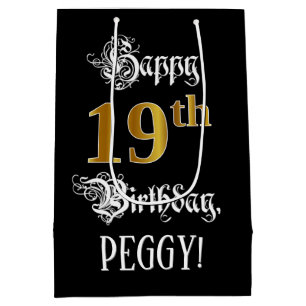 Sac Cadeau Moyen 19e anniversaire ~ Script fantaisie; Faux Gold Loo