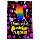 Sac Cadeau Moyen 1er anniversaire : Amour Coeurs Motif, Arc-en-ciel (Devant)