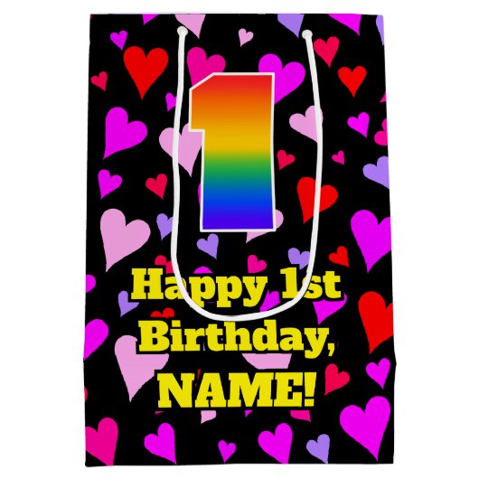 Sac Cadeau Moyen 1er anniversaire : Amour Coeurs Motif, Arc-en-ciel (Dos)