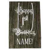 Sac Cadeau Moyen 1er anniversaire : Fancy, Faux Wood Look + Nom per (Dos)
