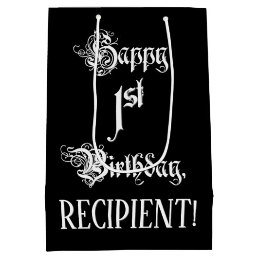 Sac Cadeau Moyen 1er anniversaire : fantaisie, élégant script + Nom (Dos)