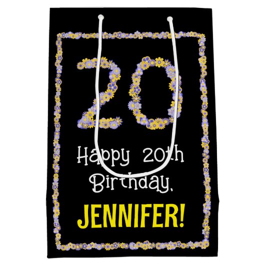 Sac Cadeau Moyen 20e anniversaire : Floral Flowers Numéro, Nom pers (Dos)