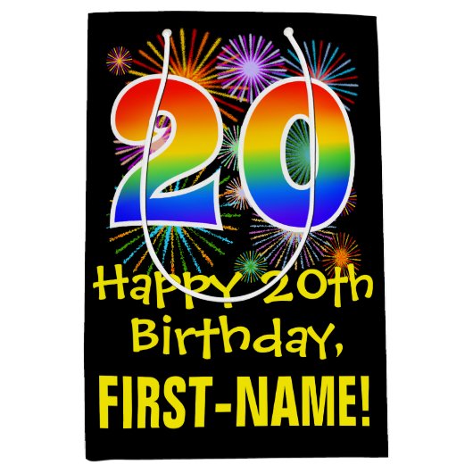 Sac Cadeau Moyen 20e anniversaire : Fun Motif Fireworks + Rainbow 2 (Devant)