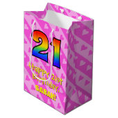 Sac Cadeau Moyen 21e anniversaire : Amusants Coeurs roses Stripes;  (Devant Angle)