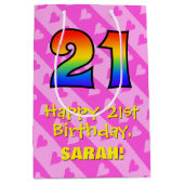 Sac Cadeau Moyen 21e anniversaire : Amusants Coeurs roses Stripes;  (Devant)