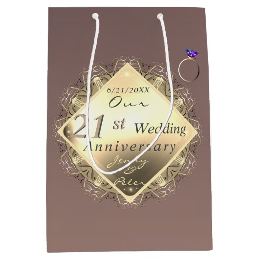 Sac Cadeau Moyen 21e anniversaire du Mariage laiton et olite   (Devant)