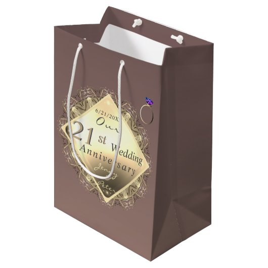 Sac Cadeau Moyen 21e anniversaire du Mariage laiton et olite   (Devant Angle)