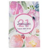 Sac Cadeau Moyen 21e anniversaire floraux roses nom pastel (Devant)