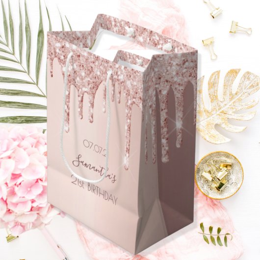 Sac Cadeau Moyen 21e anniversaire rose parties scintillant or goutt