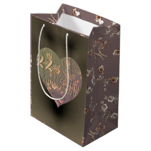 Sac Cadeau Moyen 22e Anniversaire de Mariage Rose au Cœur Cuivré