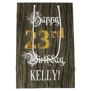 Sac Cadeau Moyen 23e anniversaire : Faux Gold Look & Faux Wood Moti