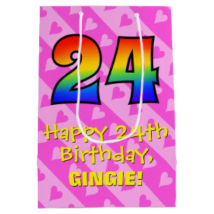 Sac Cadeau Moyen 24e anniversaire : Amusants Coeurs roses Stripes;