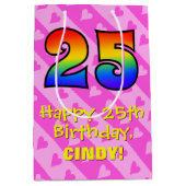 Sac Cadeau Moyen 25e anniversaire : Amusants Coeurs roses Stripes; (Devant)