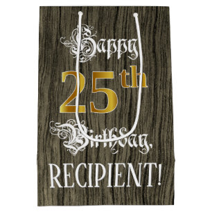 Sac Cadeau Moyen 25e anniversaire : Faux Gold Look & Faux Wood Moti