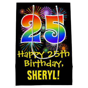 Sac Cadeau Moyen 25e anniversaire : Fun Motif Fireworks + Rainbow 2