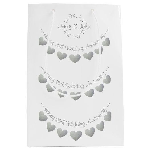 Sac Cadeau Moyen 25e anniversaire Mariage d'argent blanc (Devant)