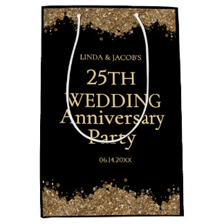 Sac Cadeau Moyen 25th Wedding Anniversary Gold Faux Glitter