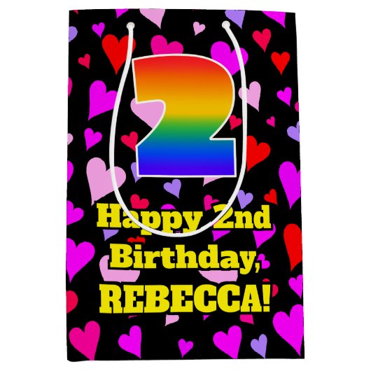 Sac Cadeau Moyen 2e anniversaire : Amour Hearts Motif, Arc-en-ciel (Devant)