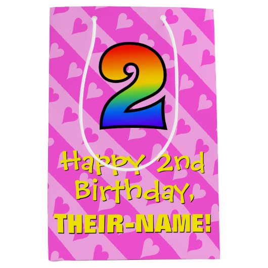 Sac Cadeau Moyen 2e anniversaire : Amusants Coeurs roses Stripes &  (Devant)